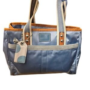Coach Blue‎ Nylon Leather Trimmed Satchel Handbag Designer Purse